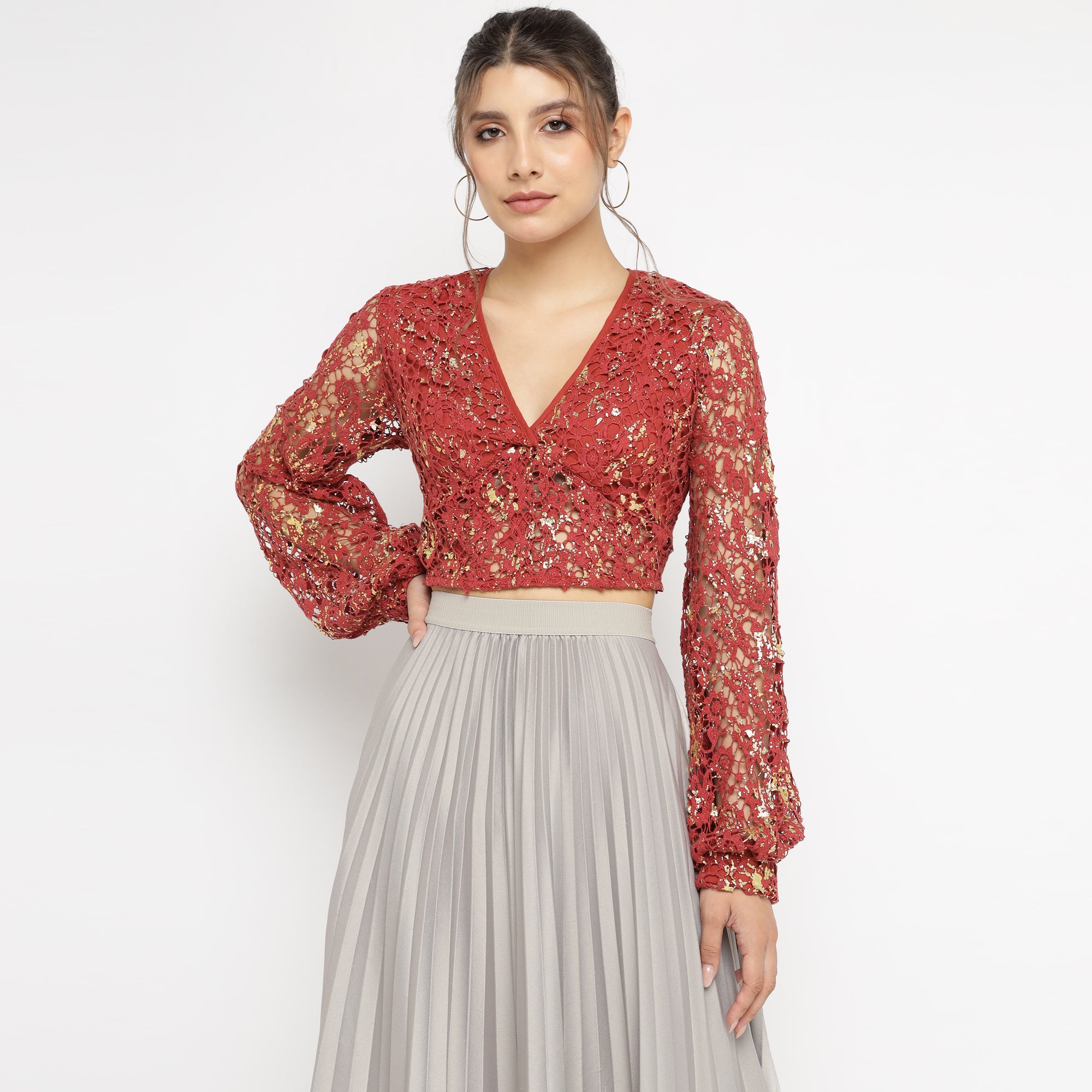 Red Foil print Lace Sheer Blouse